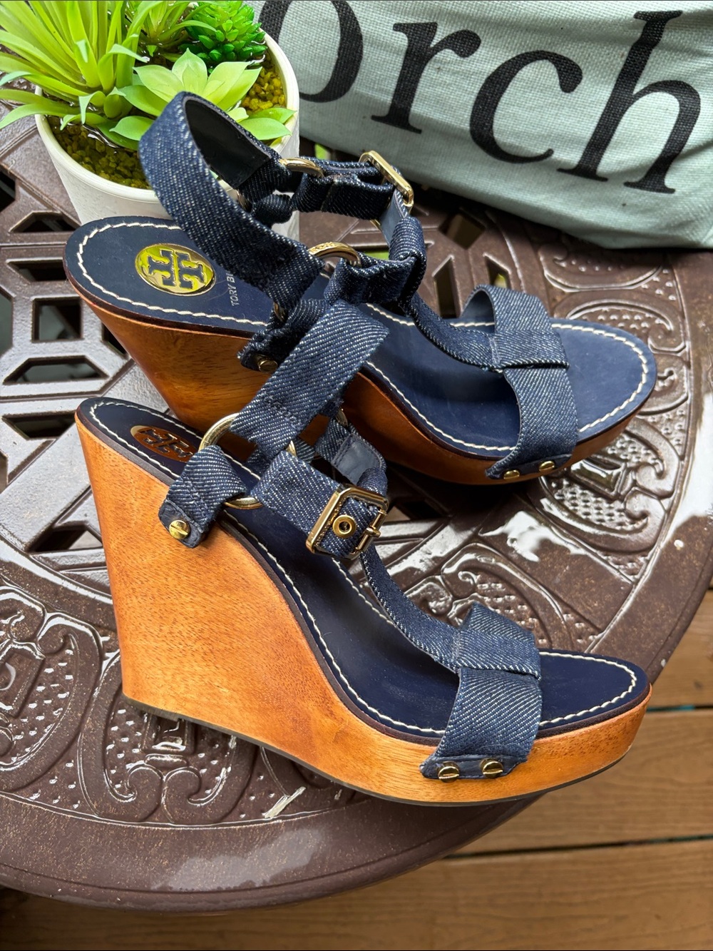 🇺🇸LABOR DAY FLASH SALE🇺🇸 Tory Burch Beckett Denim Wooden Wedge Sandals 11M - Picture 3 of 5